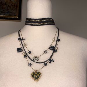 Heart layered necklace with a touch of whimsy + black choker with golden chain